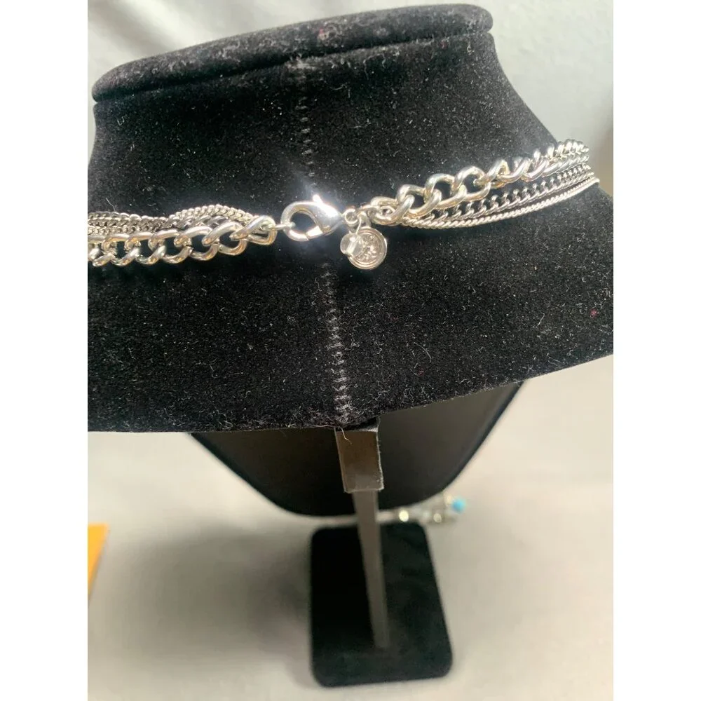 Layered Silver Tone Chain Necklace with Blue & Clear Beads Jewelry 42” - Picture 4 of 7